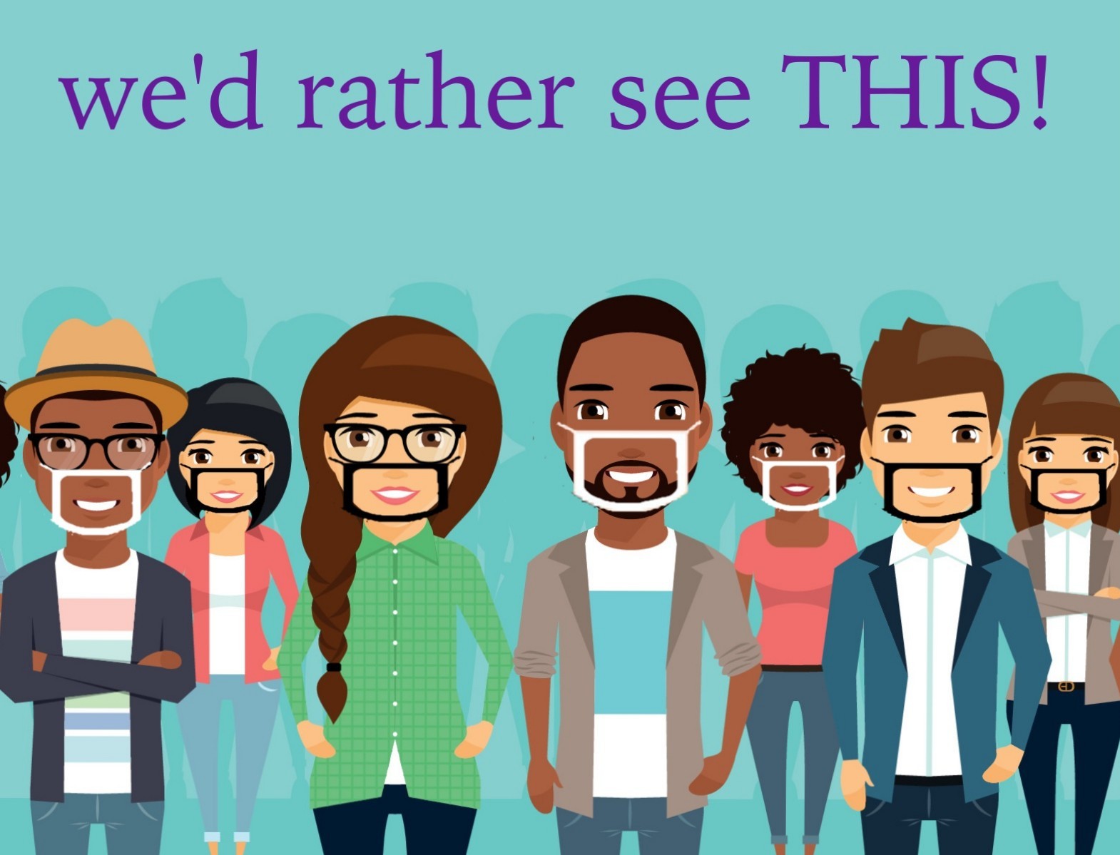 Crowd wearing FOM masks looks happy